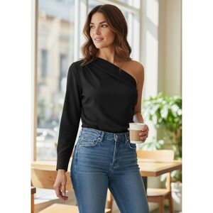 Zara Black One Shoulder Asymmetric One Sleeve Drape Top Women's Large